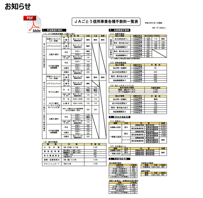 JAごとう信用事業各種手数料一覧表