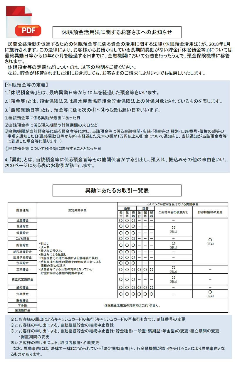 休眠預金活用法に関するお客さまへのお知らせ